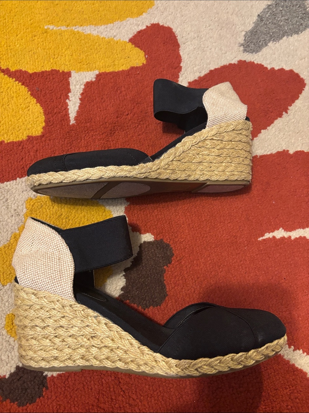 Chaps Black and Natural Espadrille Wedge Sandals